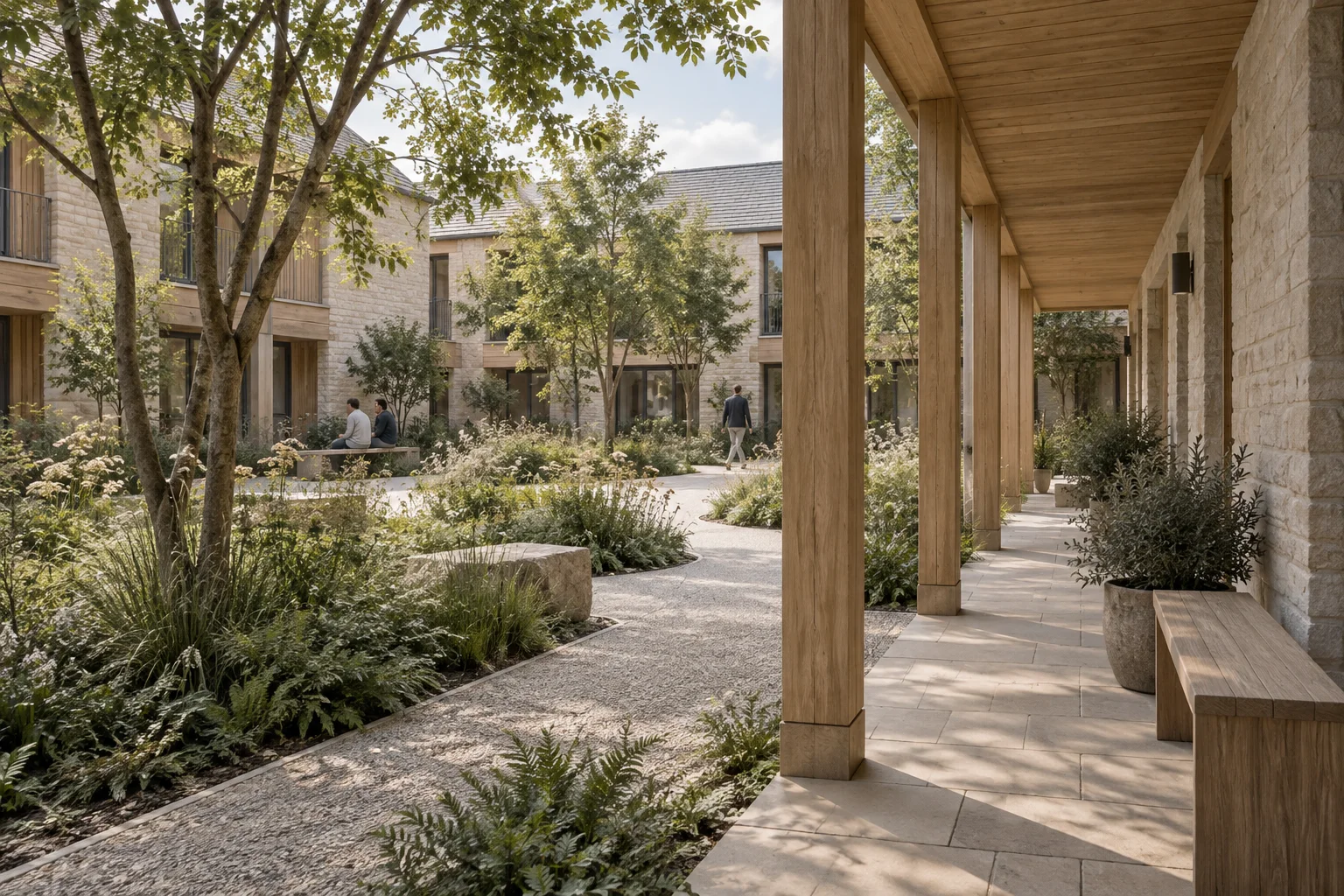 Illustrative planted courtyard with a sheltered timber walkway and seating