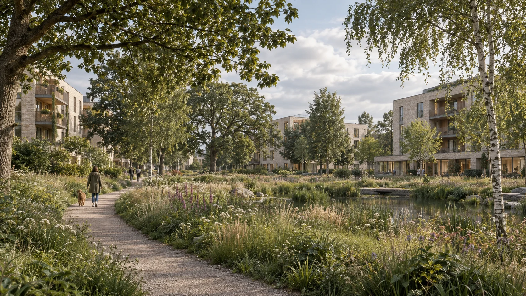 Illustrative low-rise neighbourhood with mature trees, a planted rain garden and pedestrian paths