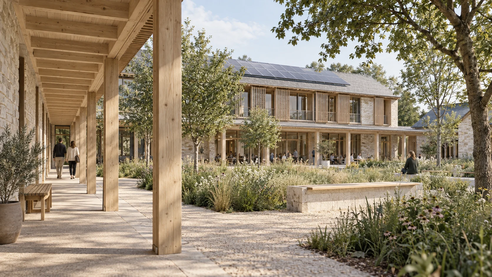 Early architectural concept exploring external timber shading and rooftop solar panels