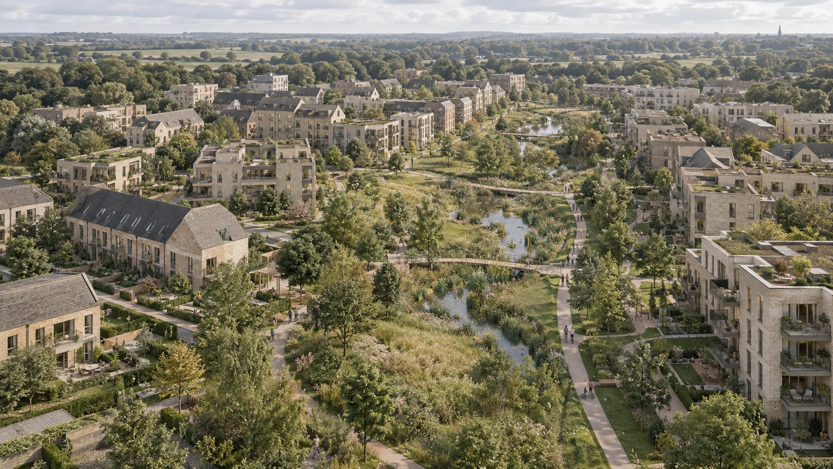 Early project concept showing low-rise buildings around connected green courtyards