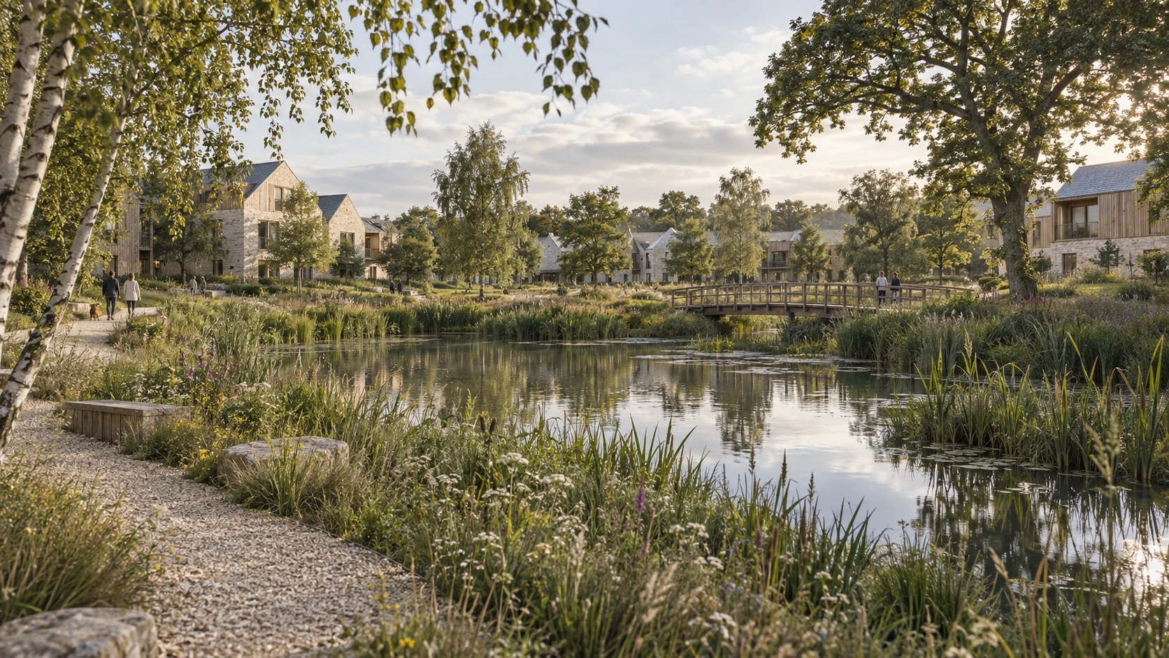 Early landscape concept with a native wetland garden and timber pedestrian bridge